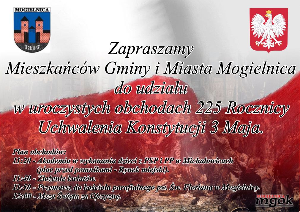 Zapraszamy na obchody 225 Rocznicy Uchwalenia Konstytucji 3 Maja